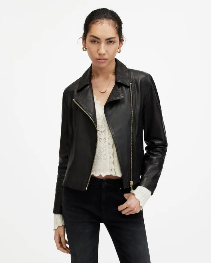 Vela Slim Fit Leather Biker Jacket Black Women AllSaints Leather Jackets