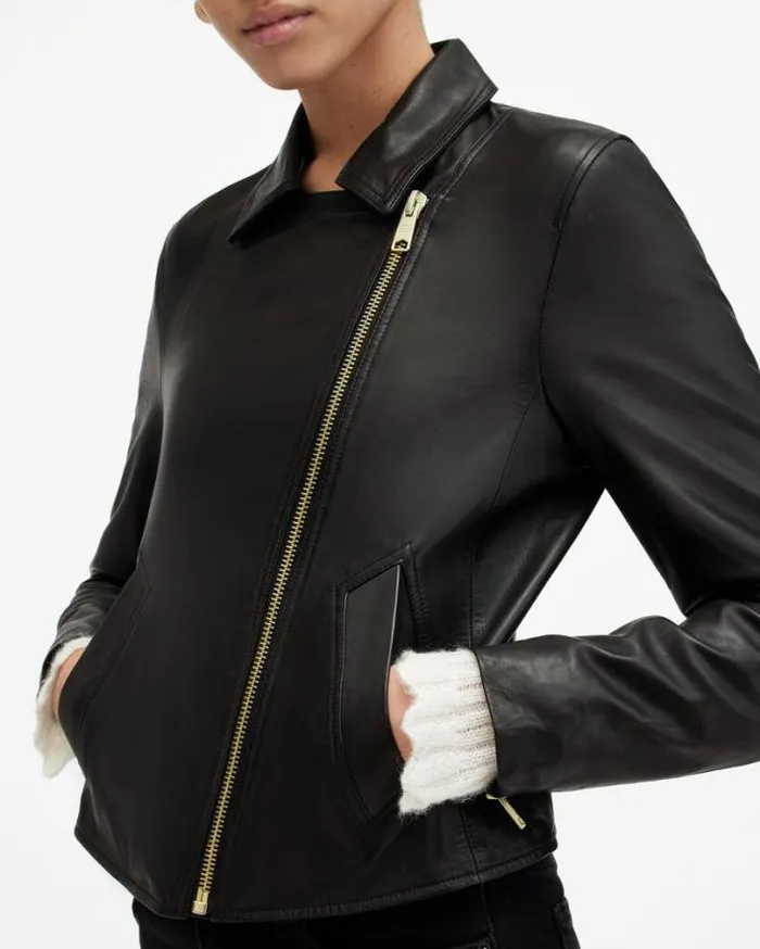 Vela Slim Fit Leather Biker Jacket Black Women AllSaints Leather Jackets