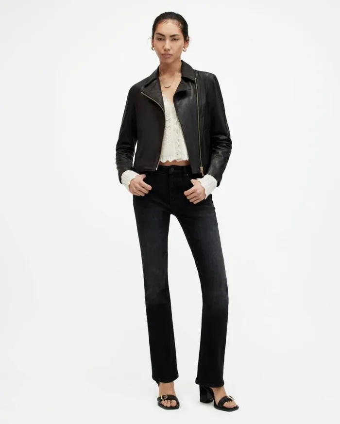 Vela Slim Fit Leather Biker Jacket Black Women AllSaints Leather Jackets