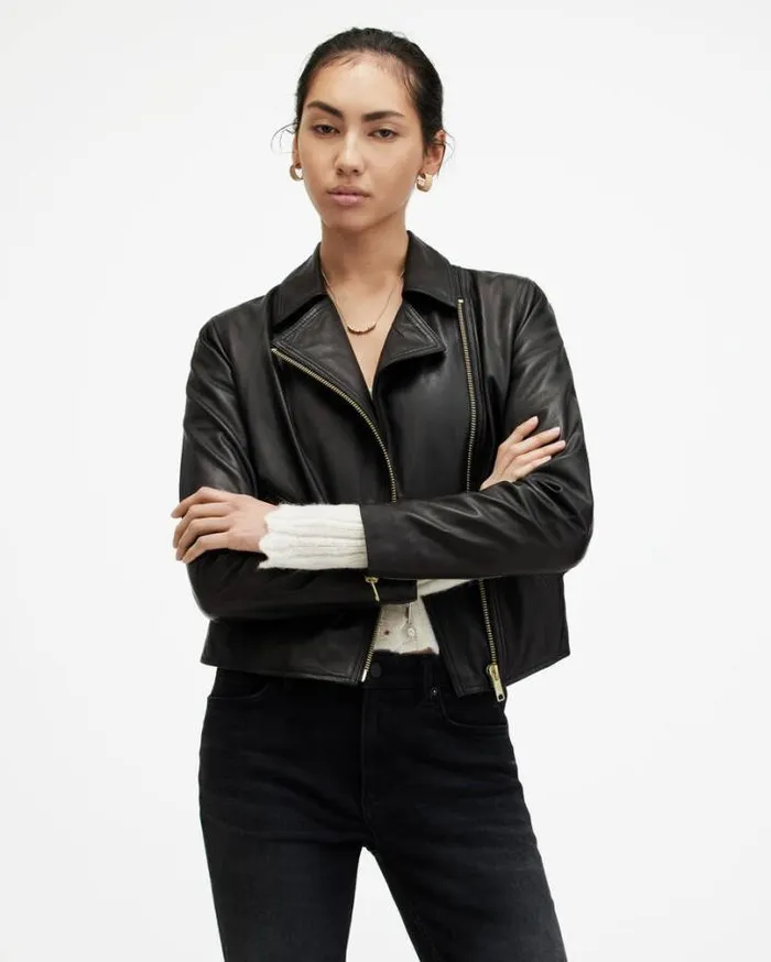 Vela Slim Fit Leather Biker Jacket Black Women AllSaints Leather Jackets