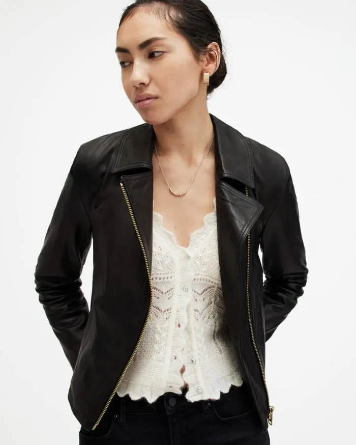Vela Slim Fit Leather Biker Jacket Black Women AllSaints Leather Jackets