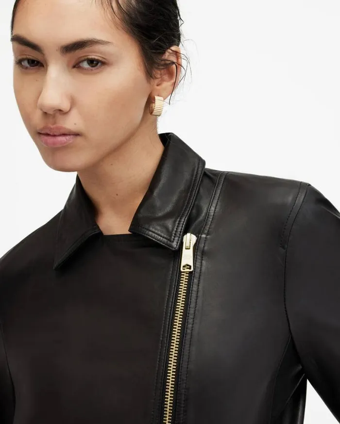 Vela Slim Fit Leather Biker Jacket Black Women AllSaints Leather Jackets