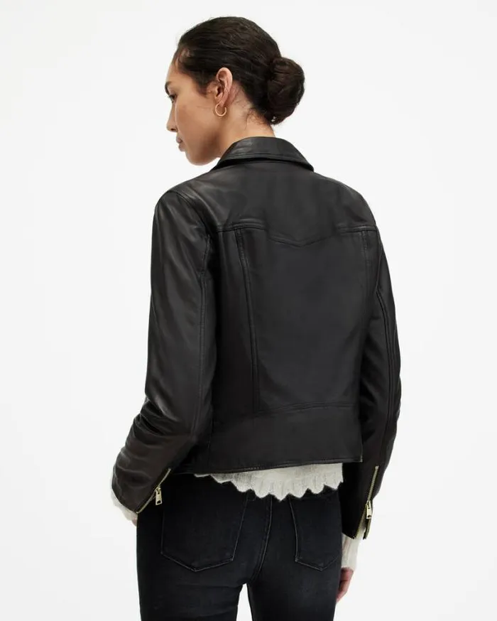 Vela Slim Fit Leather Biker Jacket Black Women AllSaints Leather Jackets