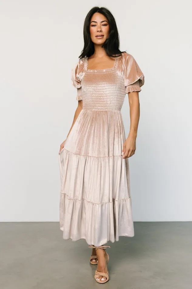 Vivaldi Smocked Velvet Midi Dress Champagne Women Baltic Born Bump Friendly