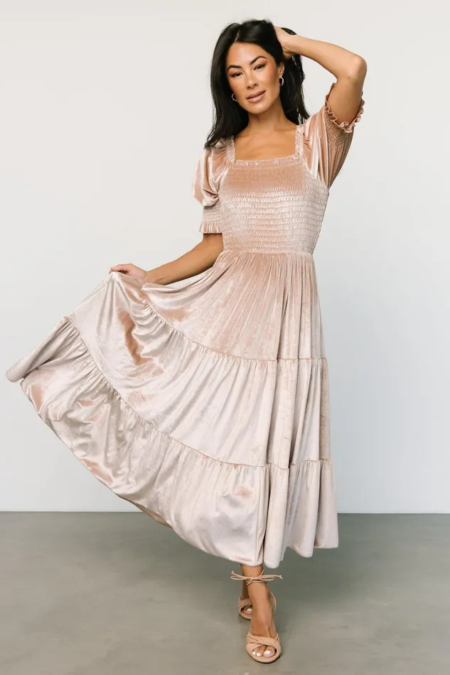 Vivaldi Smocked Velvet Midi Dress Champagne Women Baltic Born Bump Friendly