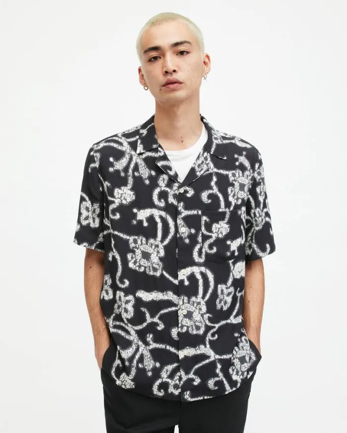 Webs Floral Print Relaxed Fit Shirt Jet Black Men AllSaints Shirts
