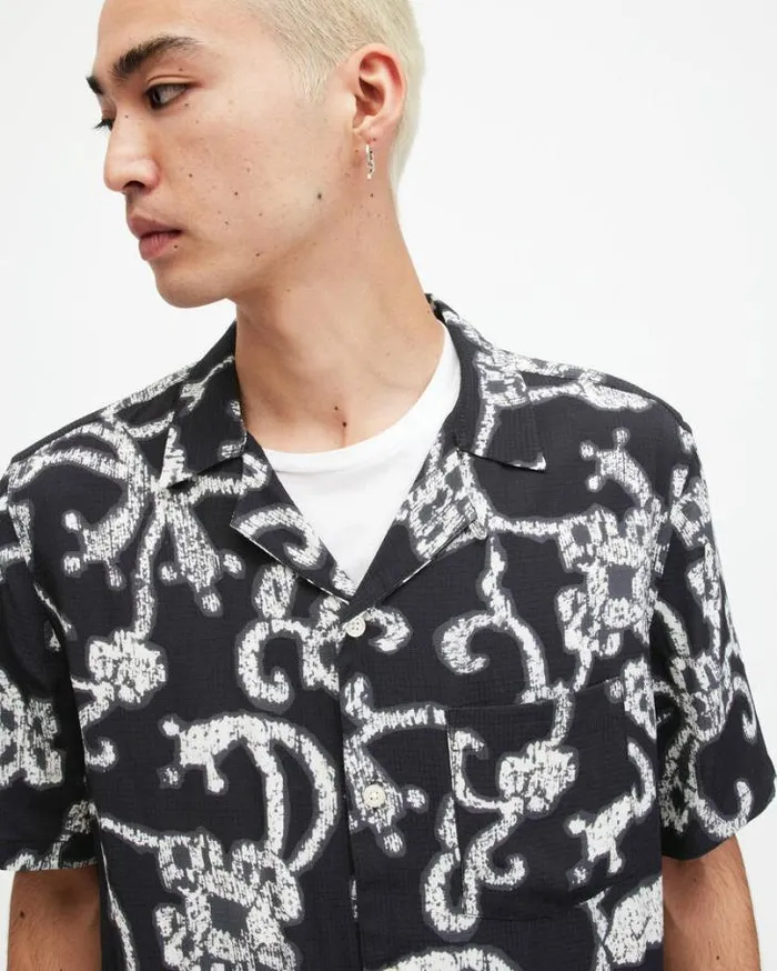 Webs Floral Print Relaxed Fit Shirt Jet Black Men AllSaints Shirts