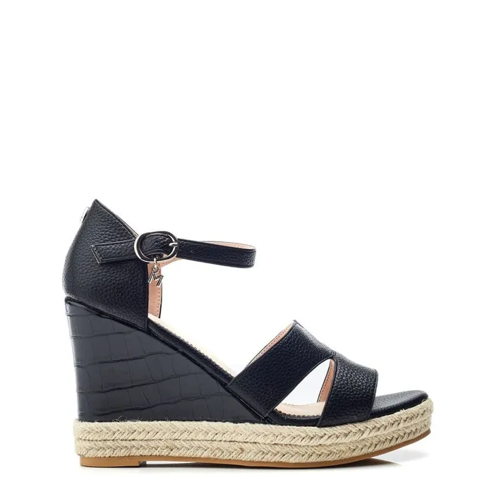 Wedge Sandals Women Moda In Pelle Rikolia Black Patent Mocc Croc