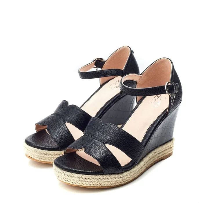 Wedge Sandals Women Moda In Pelle Rikolia Black Patent Mocc Croc