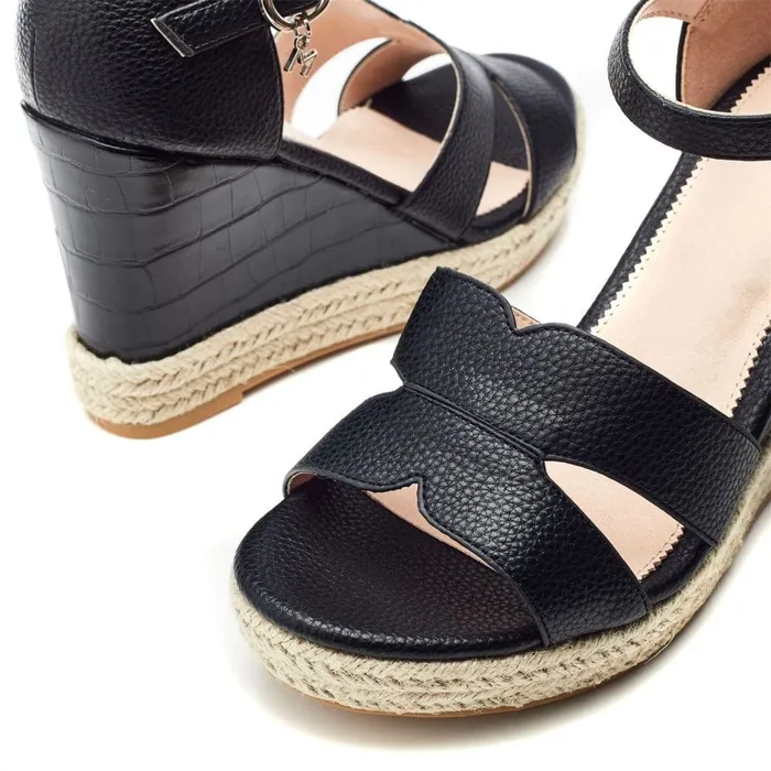 Wedge Sandals Women Moda In Pelle Rikolia Black Patent Mocc Croc
