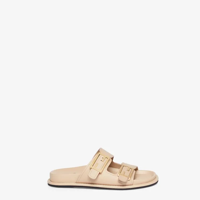 Woman Beige Leather Slides Beige Fendi Slides and Mules