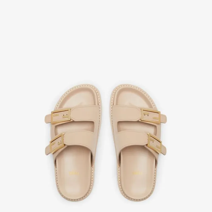 Woman Beige Leather Slides Beige Fendi Slides and Mules