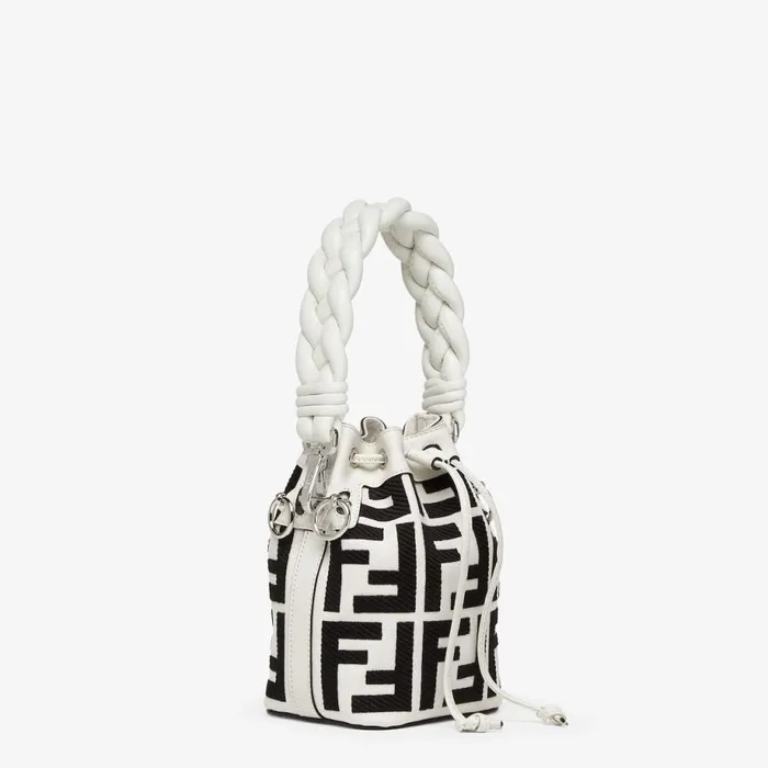 Woman Black And White Canvas MiniBag With Ff Embroidery White Fendi Mini Bags