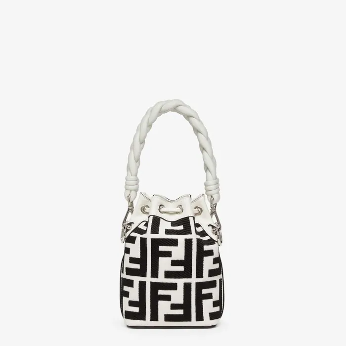 Woman Black And White Canvas MiniBag With Ff Embroidery White Fendi Mini Bags