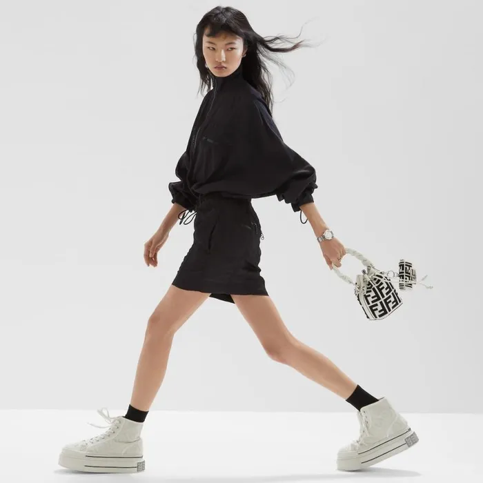 Woman Black And White Canvas MiniBag With Ff Embroidery White Fendi Mini Bags