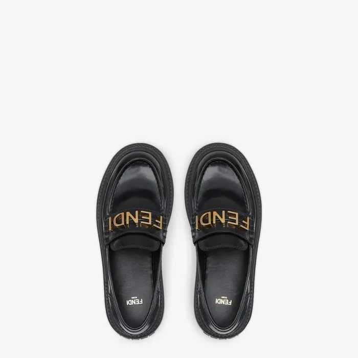 Woman Black Leather Loafers Black Fendi Mocassins and Loafers