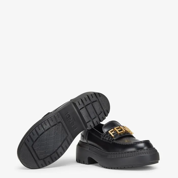 Woman Black Leather Loafers Black Fendi Mocassins and Loafers