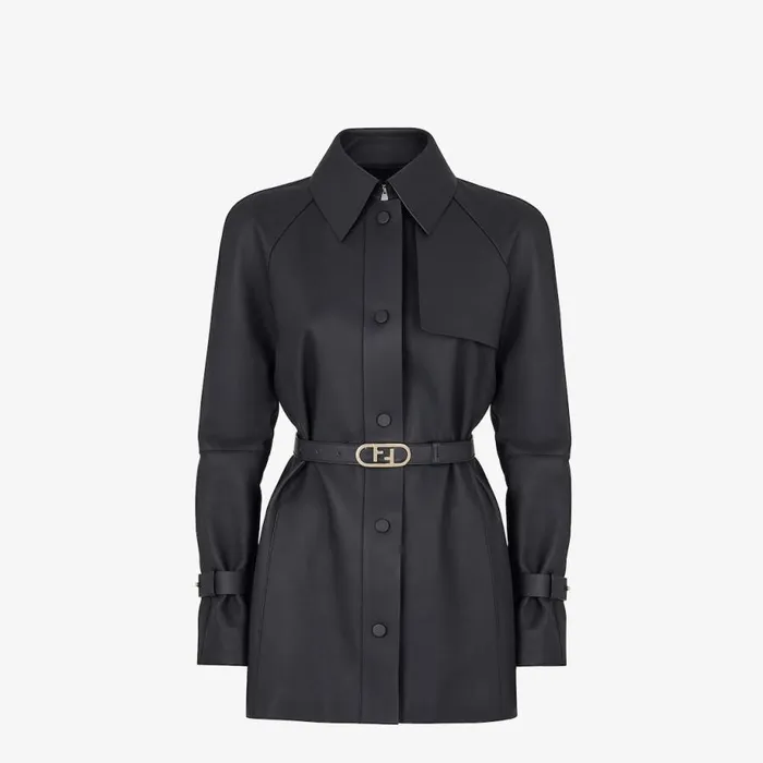 Woman Black Waxed Leather Jacket Black Fendi Coats and Outerwear