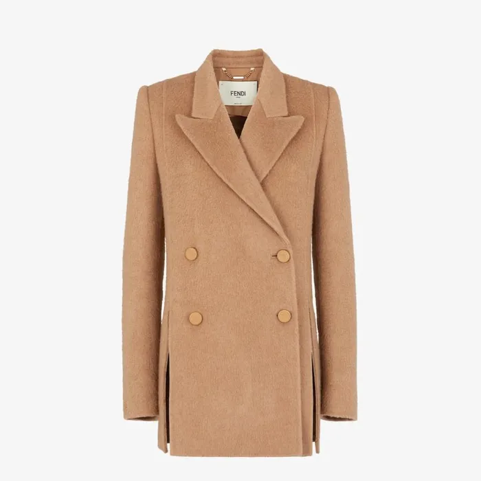 Woman Brown Camel Hair Pea Coat Brown Fendi Coats and Outerwear