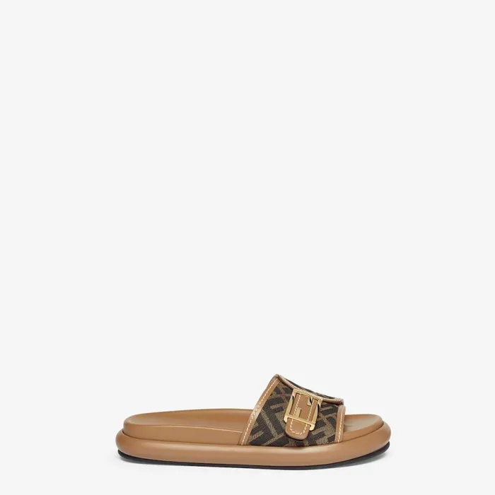 Woman Brown Fabric Slides Brown Fendi Slides and Mules