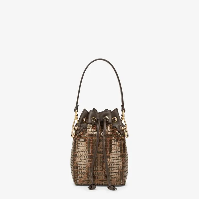 Woman Brown Ff Jacquard Fabric Mini Bag With Sequins Brown Fendi Mini Bags