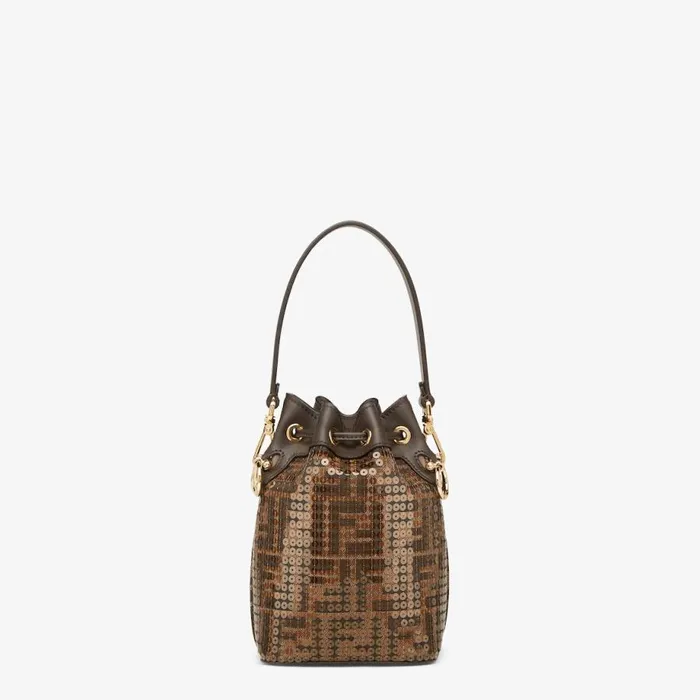 Woman Brown Ff Jacquard Fabric Mini Bag With Sequins Brown Fendi Mini Bags