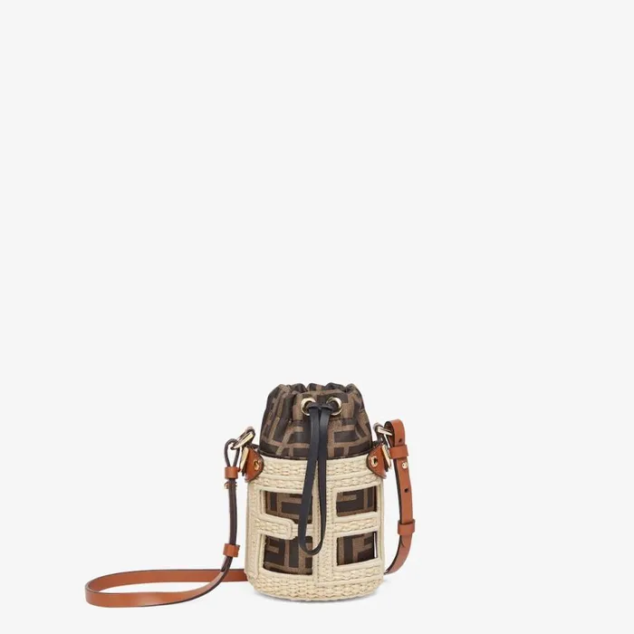 Woman Ff Fabric And Natural Straw Bucket Bag Beige Fendi Mini Bags