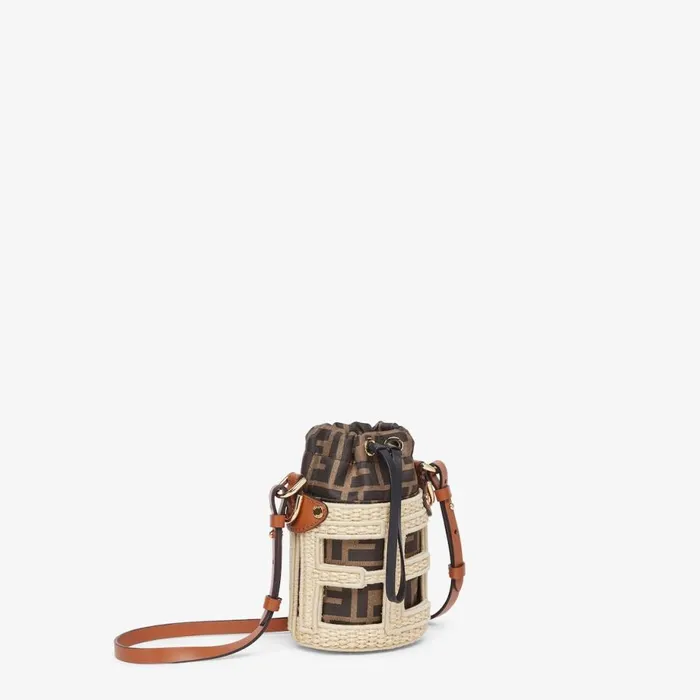 Woman Ff Fabric And Natural Straw Bucket Bag Beige Fendi Mini Bags