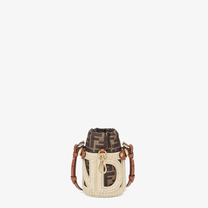 Woman Ff Fabric And Natural Straw Bucket Bag Beige Fendi Mini Bags