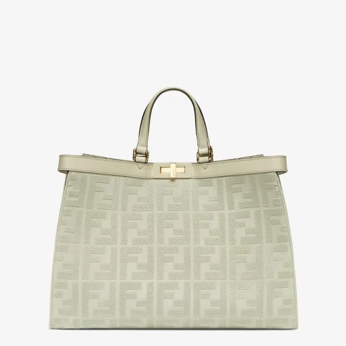 Woman Light Green Canvas Shopper With Ff Embroidery Green Fendi Tote Bags