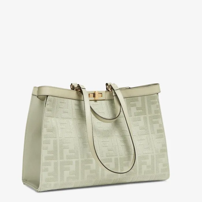 Woman Light Green Canvas Shopper With Ff Embroidery Green Fendi Tote Bags