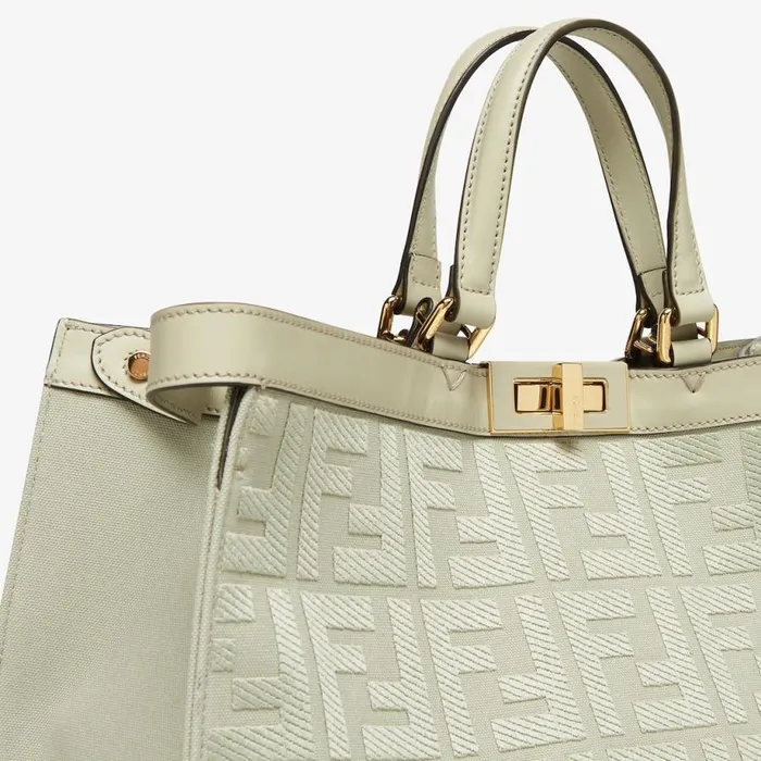Woman Light Green Canvas Shopper With Ff Embroidery Green Fendi Tote Bags