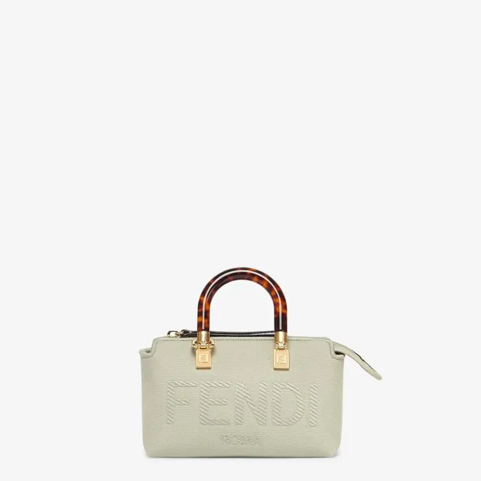 Woman Light Green Canvas Small Boston Bag With Fendi Roma Embroidery Green Fendi Mini Bags
