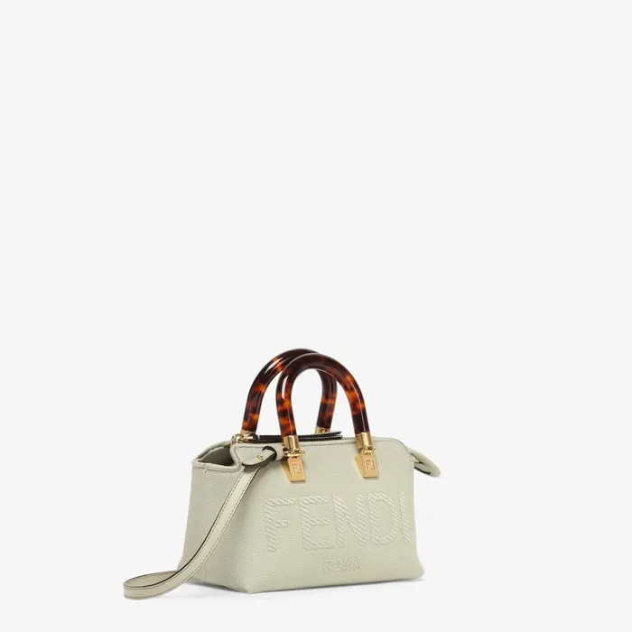 Woman Light Green Canvas Small Boston Bag With Fendi Roma Embroidery Green Fendi Mini Bags