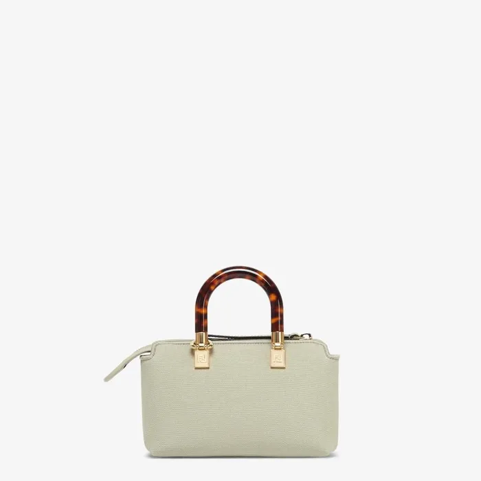 Woman Light Green Canvas Small Boston Bag With Fendi Roma Embroidery Green Fendi Mini Bags