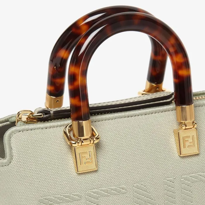 Woman Light Green Canvas Small Boston Bag With Fendi Roma Embroidery Green Fendi Mini Bags