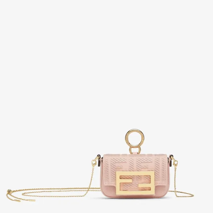 Woman Pink Canvas Charm With Ff Embroidery Pink Fendi Miniature Bags