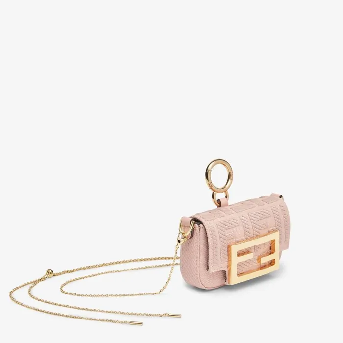 Woman Pink Canvas Charm With Ff Embroidery Pink Fendi Miniature Bags