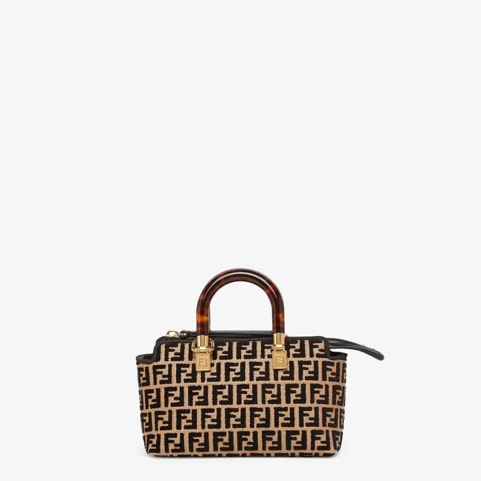 Woman Small Raffia Boston Bag With A Black Tapestry Fabric Ff Motif Black Fendi Mini Bags