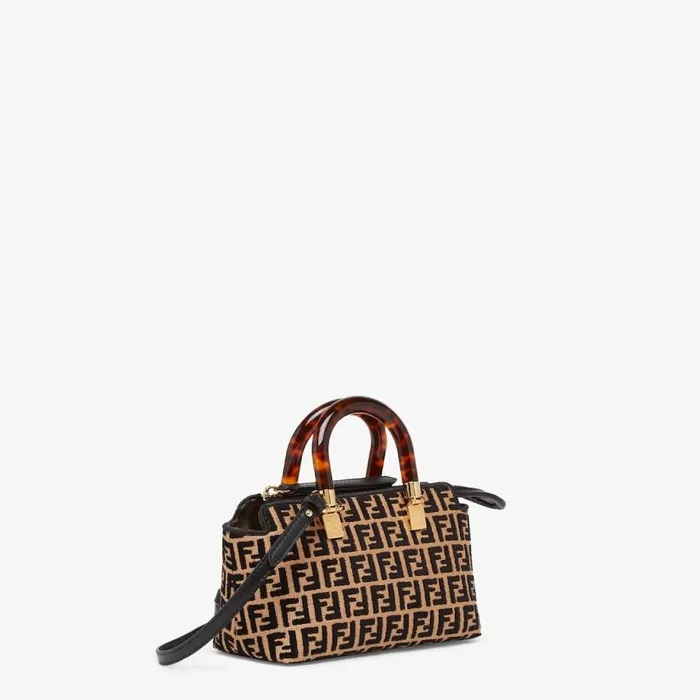 Woman Small Raffia Boston Bag With A Black Tapestry Fabric Ff Motif Black Fendi Mini Bags