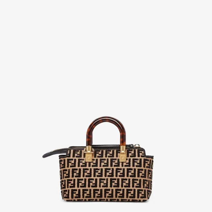 Woman Small Raffia Boston Bag With A Black Tapestry Fabric Ff Motif Black Fendi Mini Bags