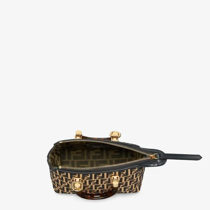 Woman Small Raffia Boston Bag With A Black Tapestry Fabric Ff Motif Black Fendi Mini Bags