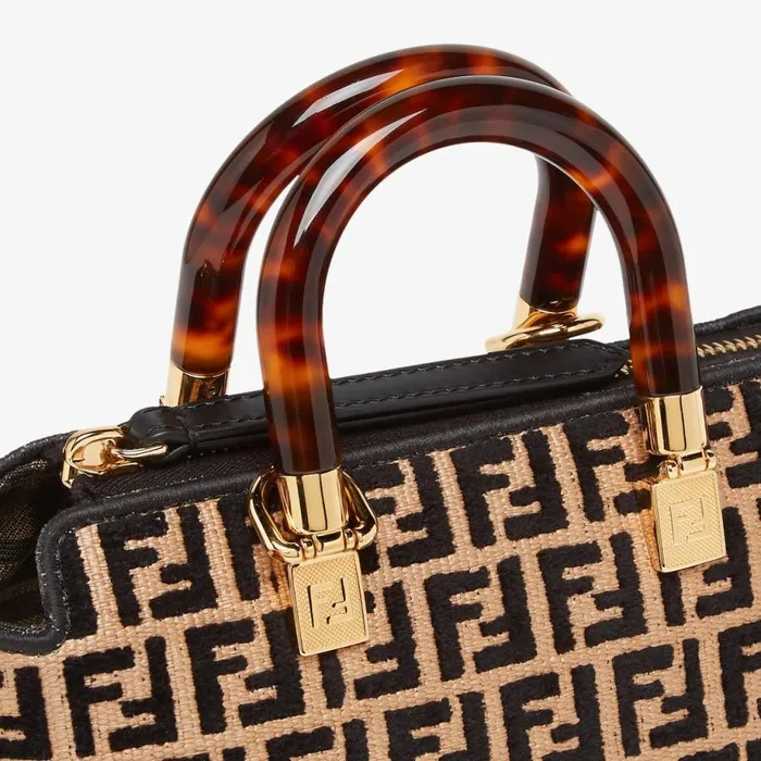 Woman Small Raffia Boston Bag With A Black Tapestry Fabric Ff Motif Black Fendi Mini Bags