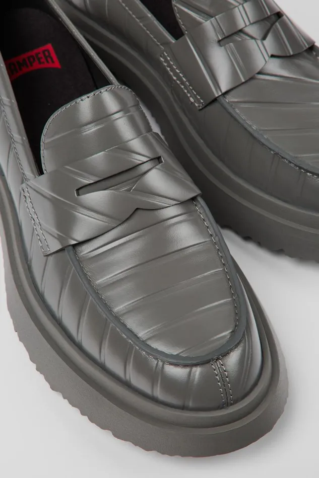 Women Camper Formal Shoes Twins Gray Leather Loafers