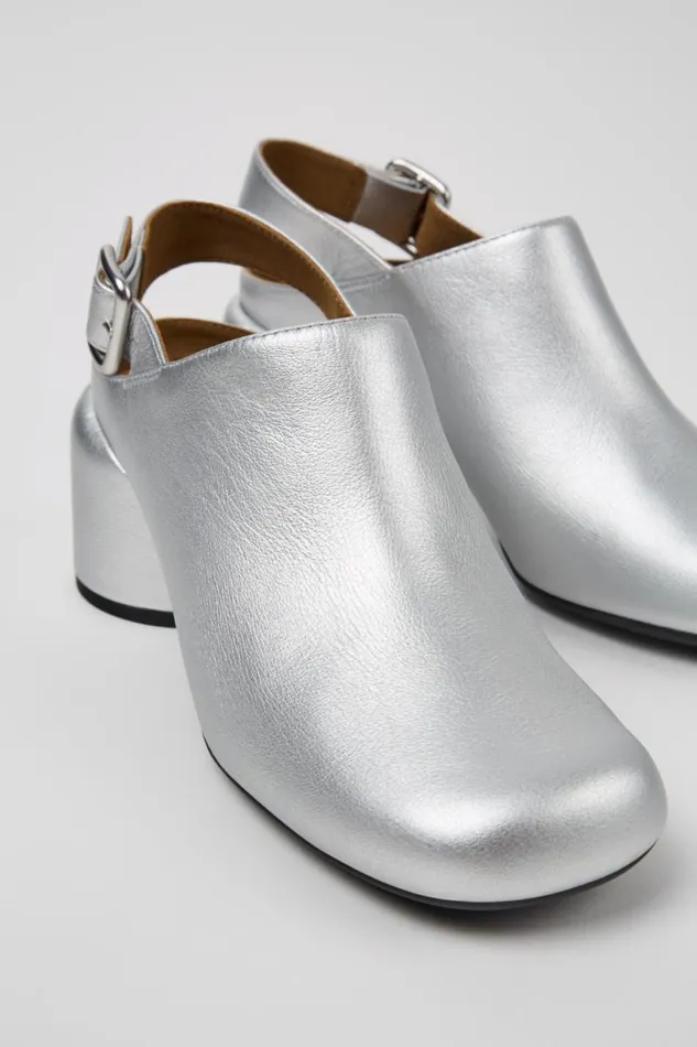Women Camper Heels Niki Silver Leather SemiOpen Shoes