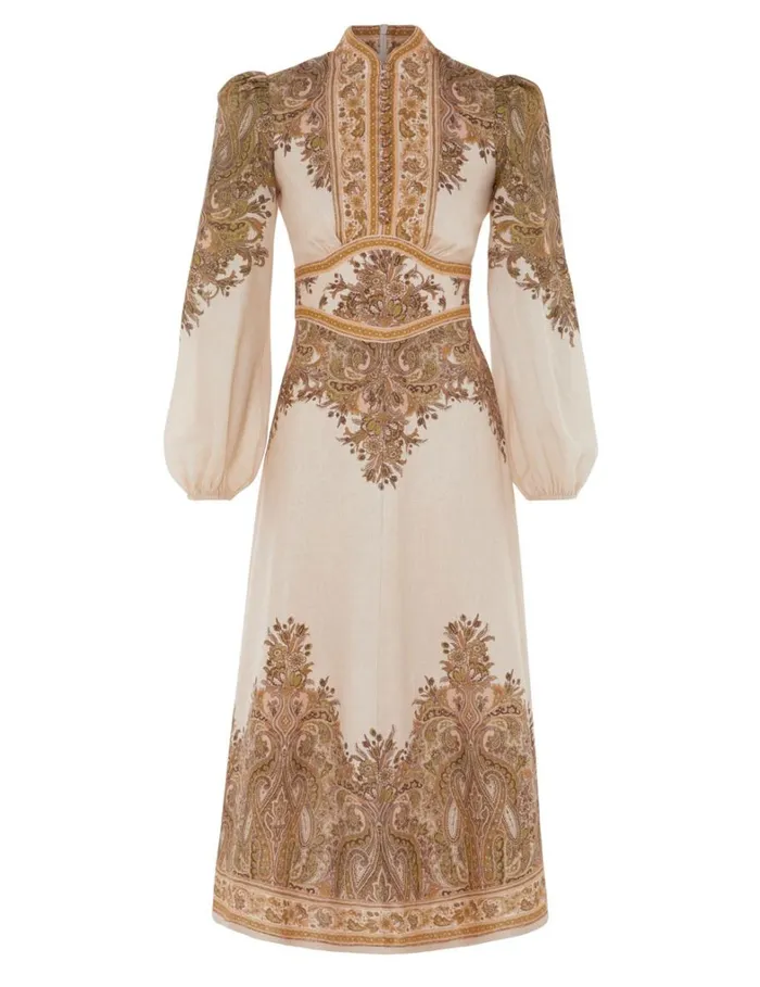 Women Clothing Zimmermann Natura Buttoned Midi Dress Khaki Paisley