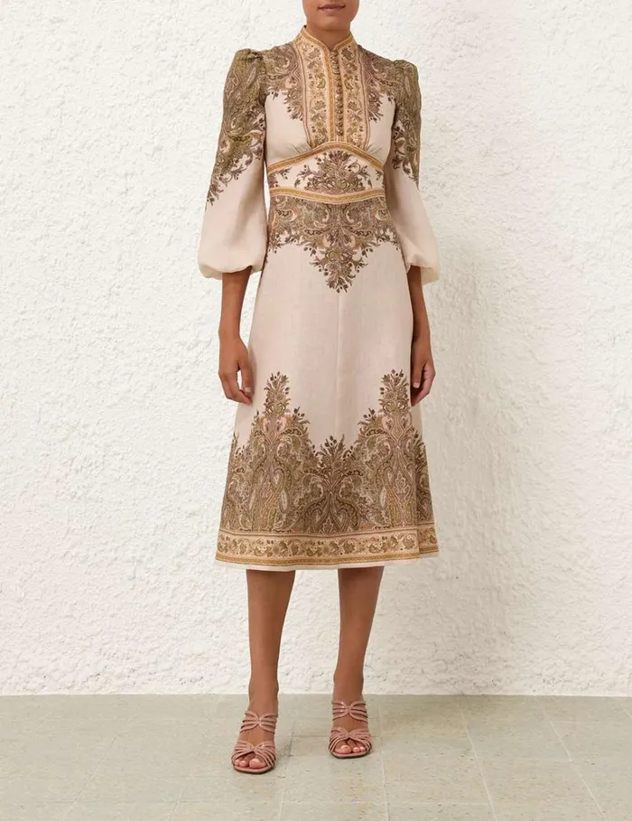 Women Clothing Zimmermann Natura Buttoned Midi Dress Khaki Paisley