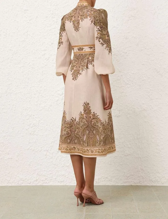 Women Clothing Zimmermann Natura Buttoned Midi Dress Khaki Paisley
