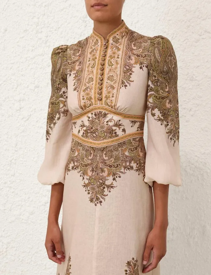 Women Clothing Zimmermann Natura Buttoned Midi Dress Khaki Paisley
