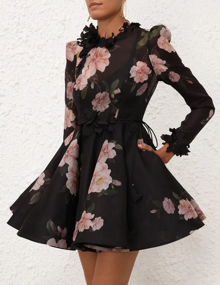 Women Clothing Zimmermann Natura Liftoff Mini Dress Black Camellia